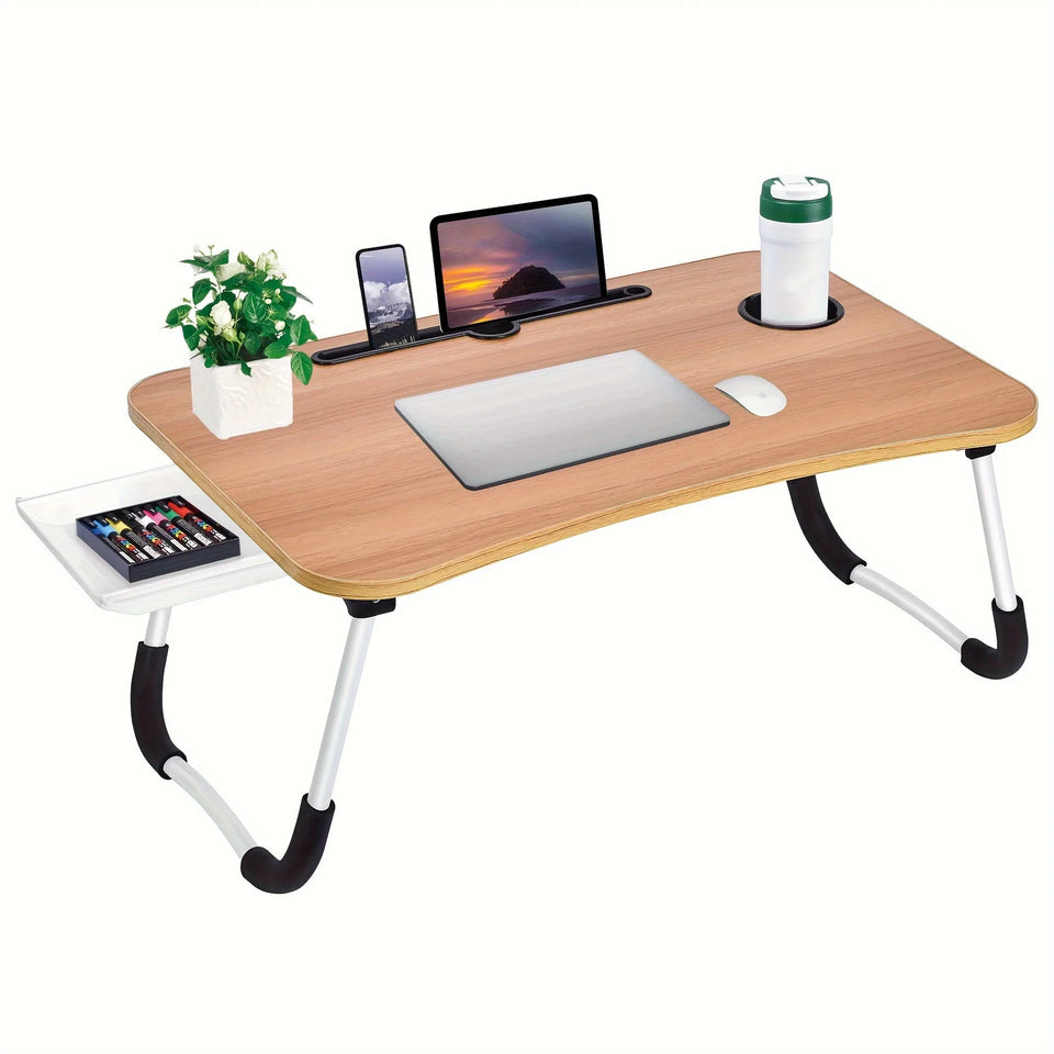 Table de lit pliable pour ordinateur portable, avec porte-gobelet, tiroir, support de tablette, plateau de lit pour ordinateur portable, pieds pliables