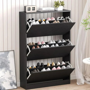 Armoire à chaussures en bois cachée, armoire à chaussures autoportante, armoire de rangement à chaussures blanche, armoire d'entrée et de couloir, 3 fermetures à rabat