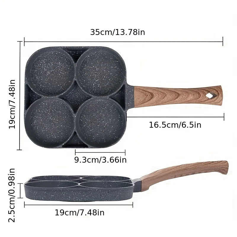 Poêle antiadhésive à quatre trous, en marmite - idéale pour la cuisine du petit déjeuner familial.