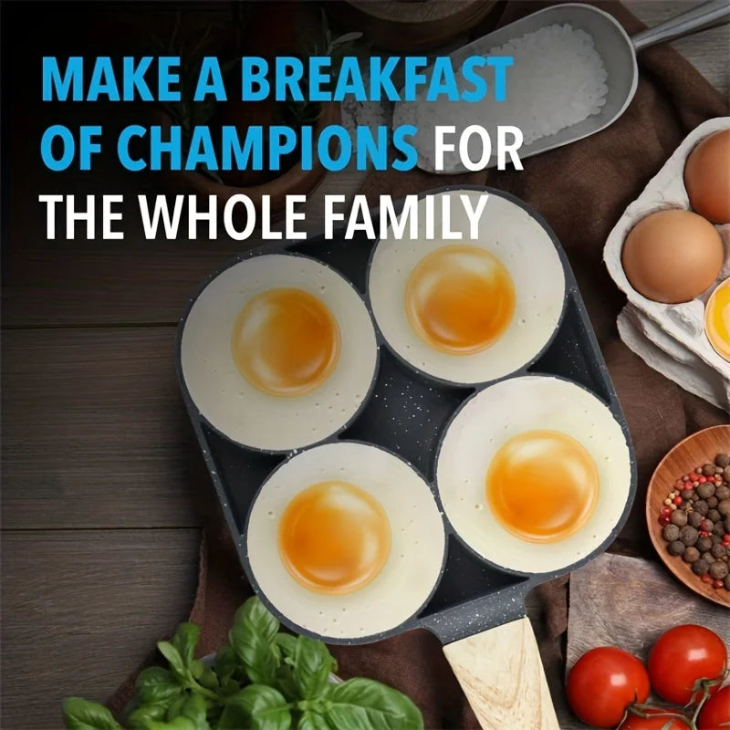 Poêle antiadhésive à quatre trous, en marmite - idéale pour la cuisine du petit déjeuner familial.